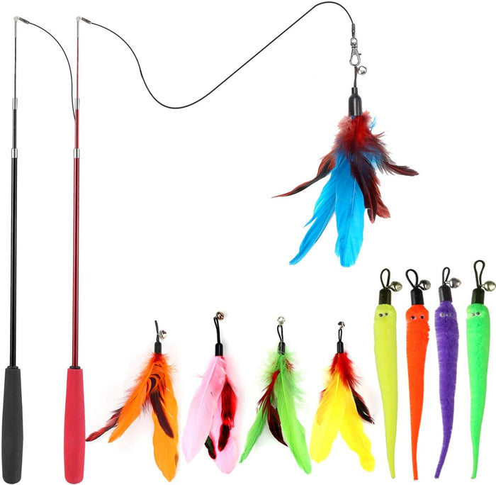 MeoHui Retractable Cat Feather Wand Toy Set - 11 Pieces